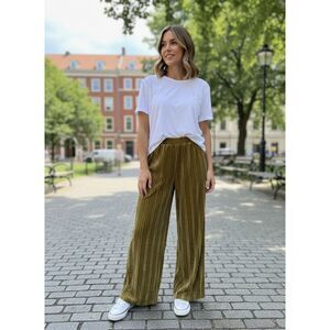 BP Mustard Chartreuse Crushed Velvet Wide Leg Pull-On Trousers Pants Large
